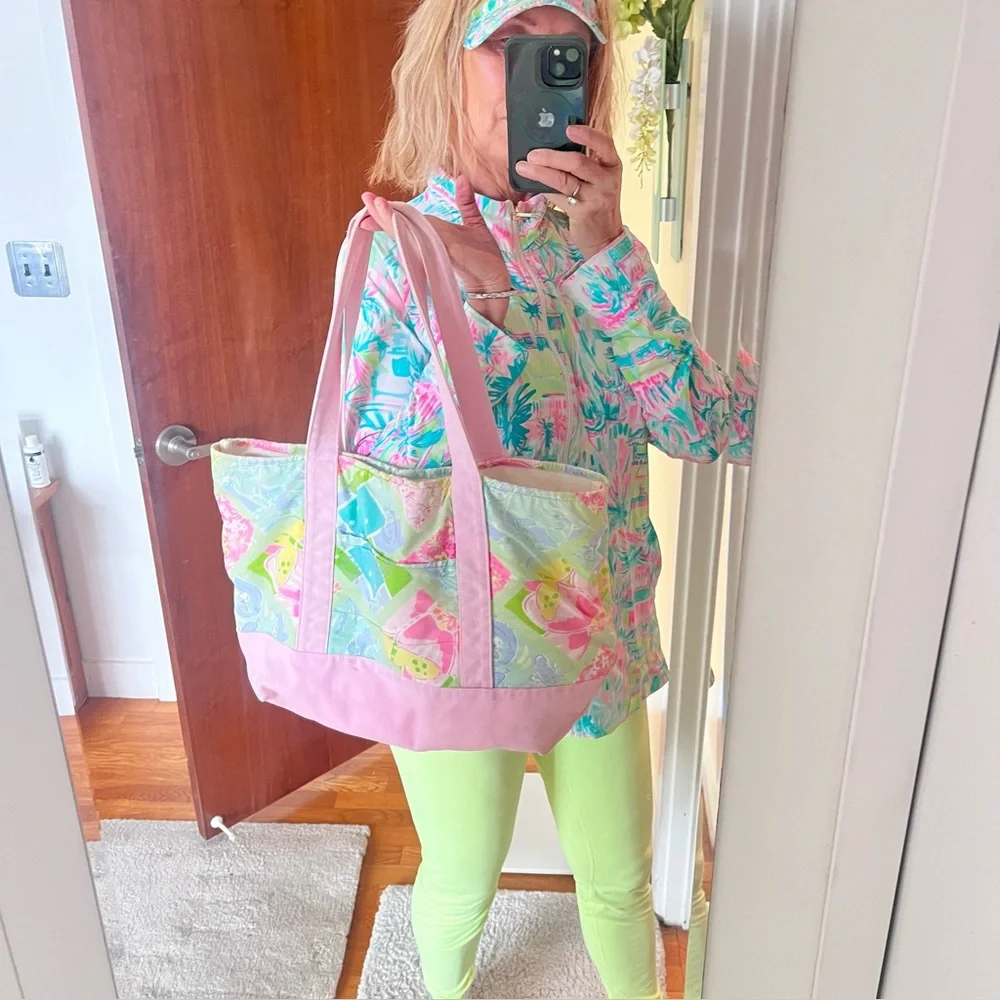 Lilly Pulitzer Pink and Green Tote Bag with Whimsical Design Vintage White Label - Picture 5 of 6